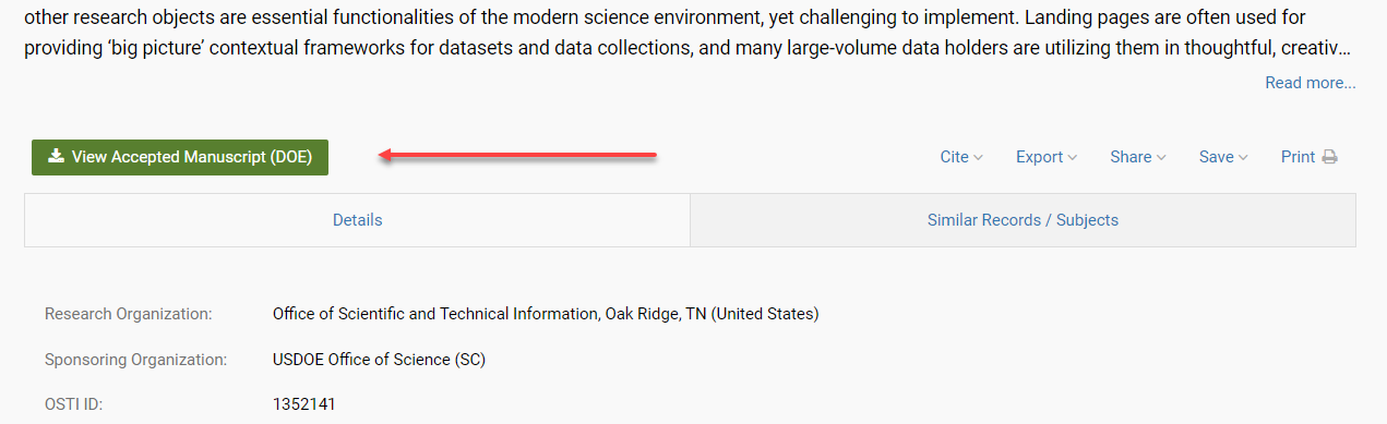 Illustration of enhancements to OSTI.GOV Record Pages. Arrow pointing to the View Accepted Manuscript button.
