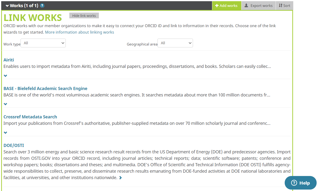 Works section of an ORCID record expanded to show the trusted organization list Figure 280022: Illustration showing the Works section of an ORCID record expanded to show the trusted organizations list.